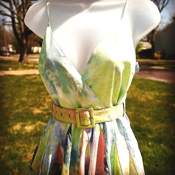 Tie-Dye High Low Dress, 60s pinup style dress with belt, XXL - Picture 2 of 2